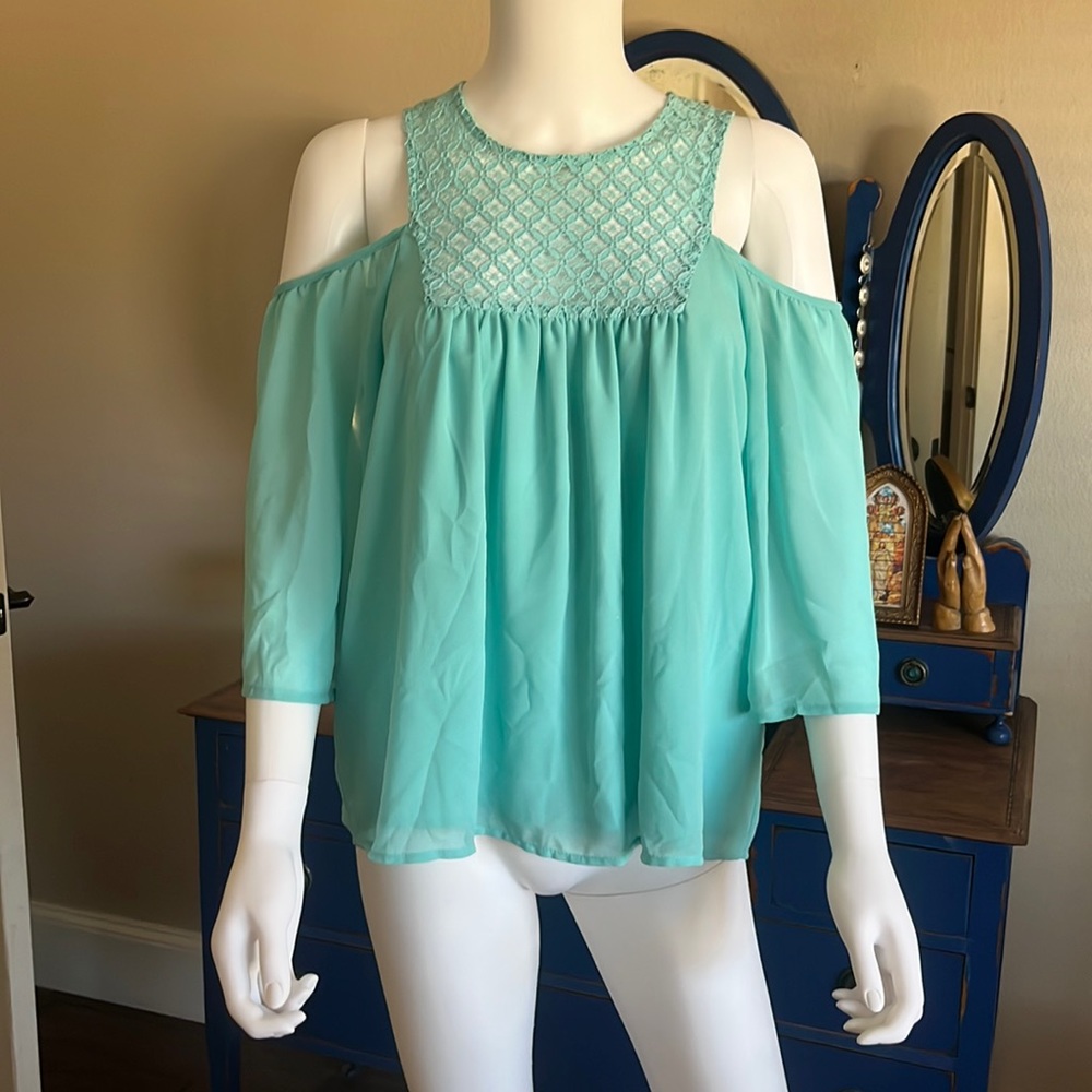 Sunset & Sixth Turquoise Cold Shoulder Lace Blouse